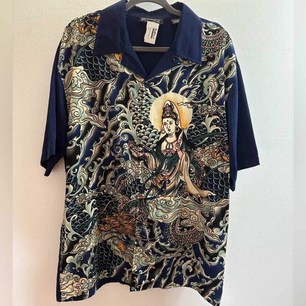 Dragonfly Blue Dragon And Goddess Hawaiian Button Down  Shirt XL